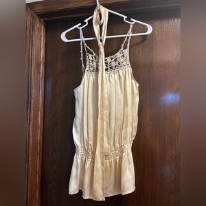 To the Max-tank blouse/tie waist/beige silk beaded rope straps/front. W size 10.